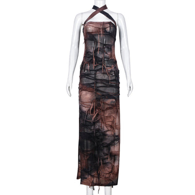 Women Clothing Autumn Tie-Dyed Tassel Split Beggar Dress Sexy Dress