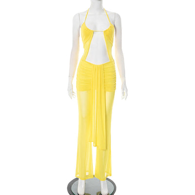 Women Clothing Spring Summer Halter Cropped Outfit Mesh Drawstring Sheer Cutout Ribbon Jumpsuit