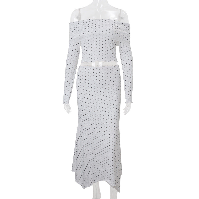 Women Clothing Fall Sexy off Shoulder Knitted Long Sleeved Top Low Waist Graceful Beach Skirt Two Piece Sets