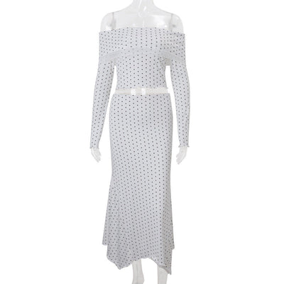 Women Clothing Fall Sexy off Shoulder Knitted Long Sleeved Top Low Waist Graceful Beach Skirt Two Piece Sets