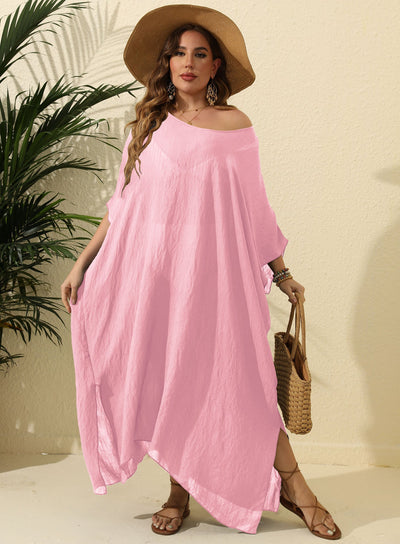Women Clothes Solid Color Loose Blouse Beach Vacation Split Mop Dress