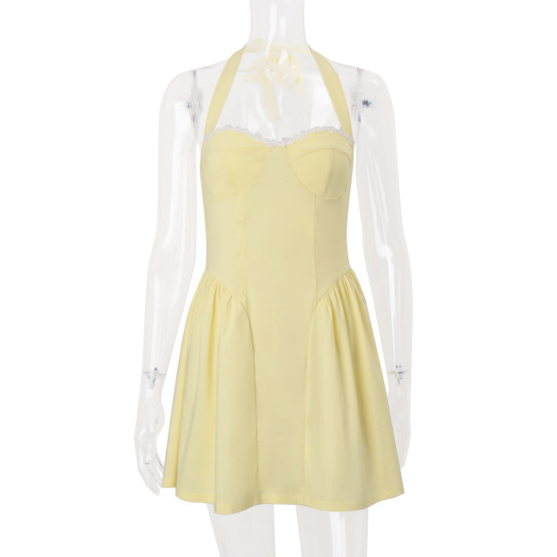 Women Clothing Summer Sexy Square Collar Elegant Backless Solid Color Halter Waist Dress