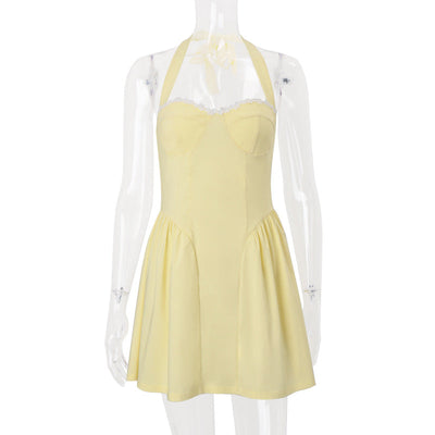 Women Clothing Summer Sexy Square Collar Elegant Backless Solid Color Halter Waist Dress