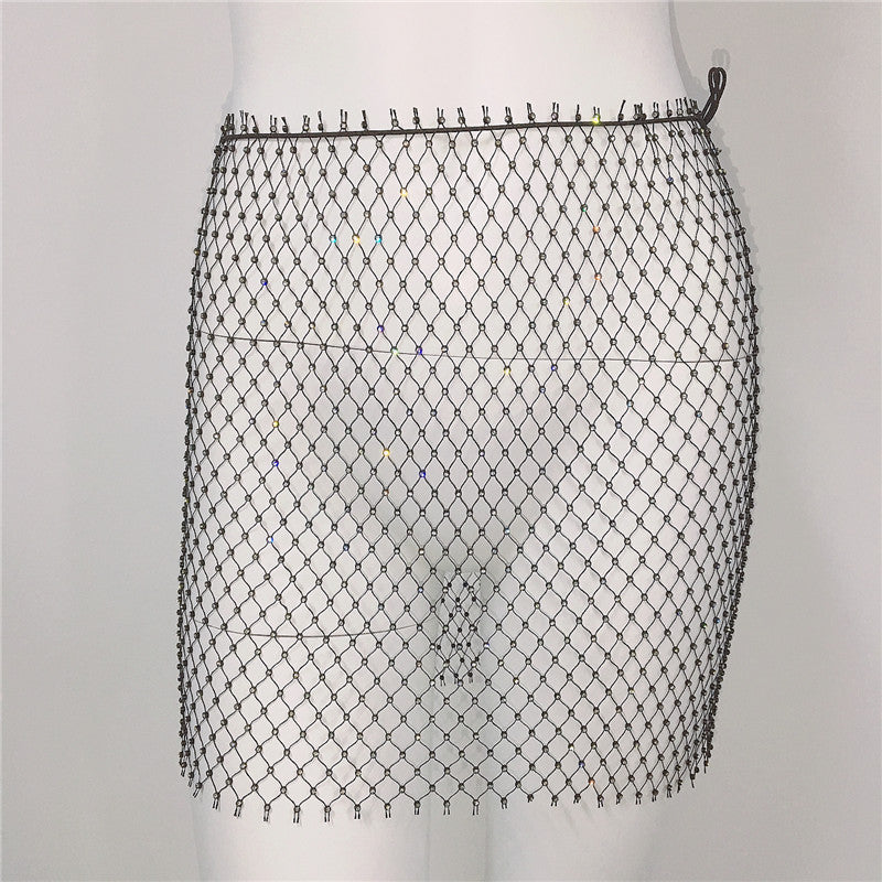 Women Clothing Sexy Fishnet Rhinestone Skirt Sweet Spicy Mini Skirt Rhinestone Miniskirt Women