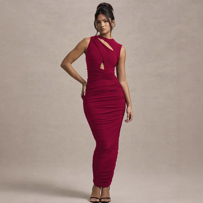Autumn Winter Women Clothing Elegant Pleated Slim Sleeveless round Neck Sheath Dress
