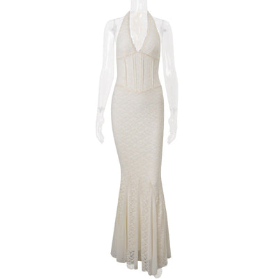 Women Clothing Summer French Sexy Solid Color High Waist Slim Hanging Neck Dress