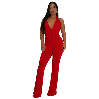 Women Wear Strap Sexy Deep V Plunge Halter Solid Color Jumpsuit