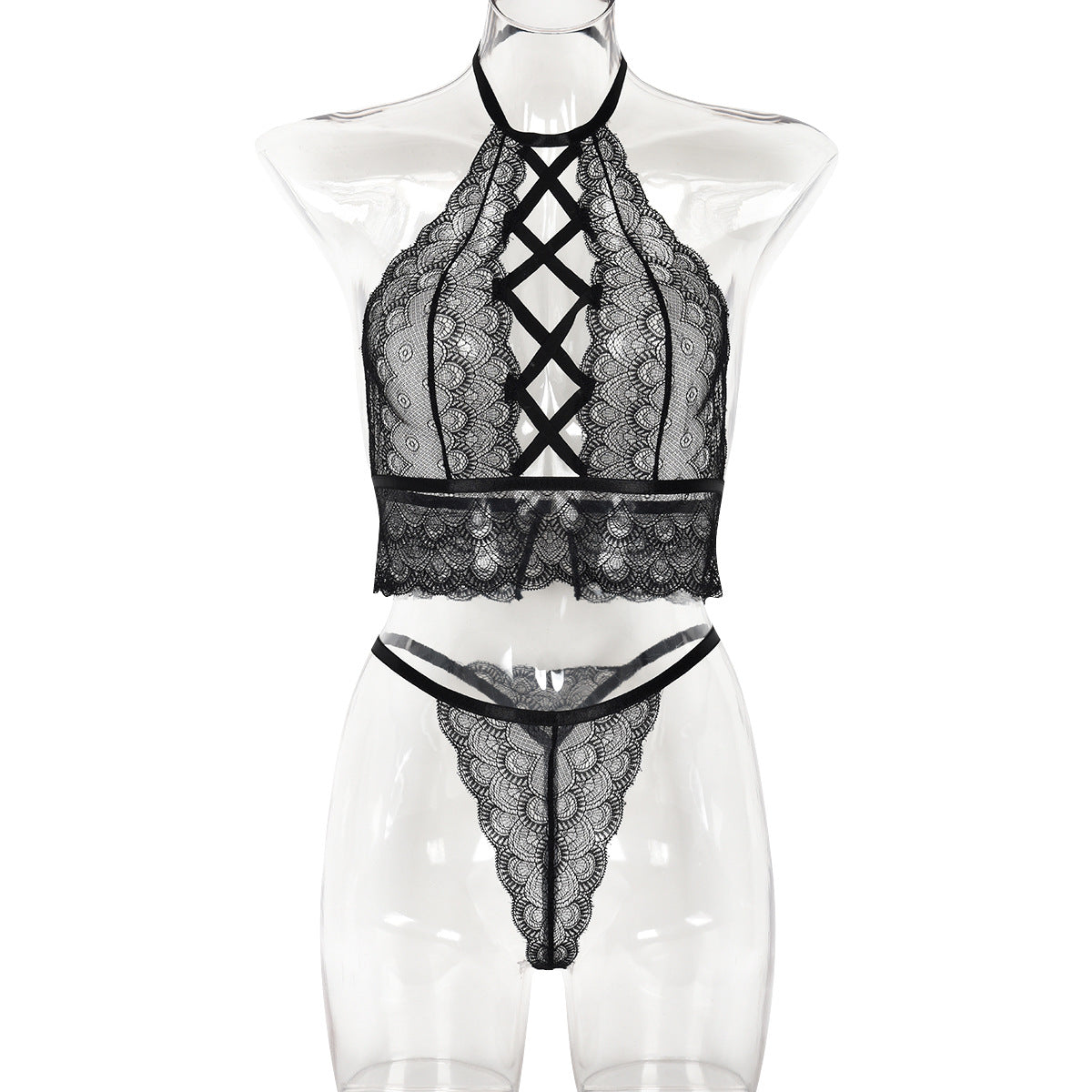 Women Clothing Thin Lace Sexy Cross Hollow Out Cutout Sexy Two Piece Set