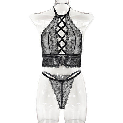 Women Clothing Thin Lace Sexy Cross Hollow Out Cutout Sexy Two Piece Set