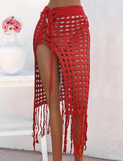Women Clothing Sexy Cutout Woven Lace up Tassel Dress Split Beach Skirt