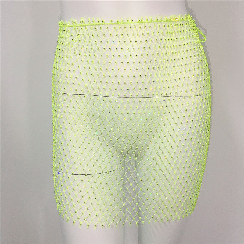 Women Clothing Sexy Fishnet Rhinestone Skirt Sweet Spicy Mini Skirt Rhinestone Miniskirt Women