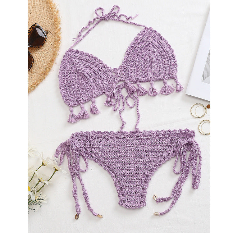 Beach Vacation Knitted Hand Crocheting Sexy Bikini Tassel Shell Strap Split Suit Multi-Color Optional Crochet hook