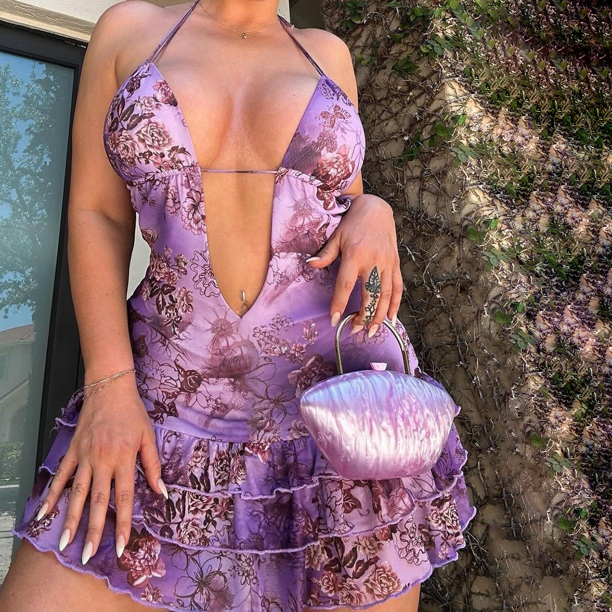 Women Clothing Summer Sexy Deep V Plunge Neck Backless Lace Dress