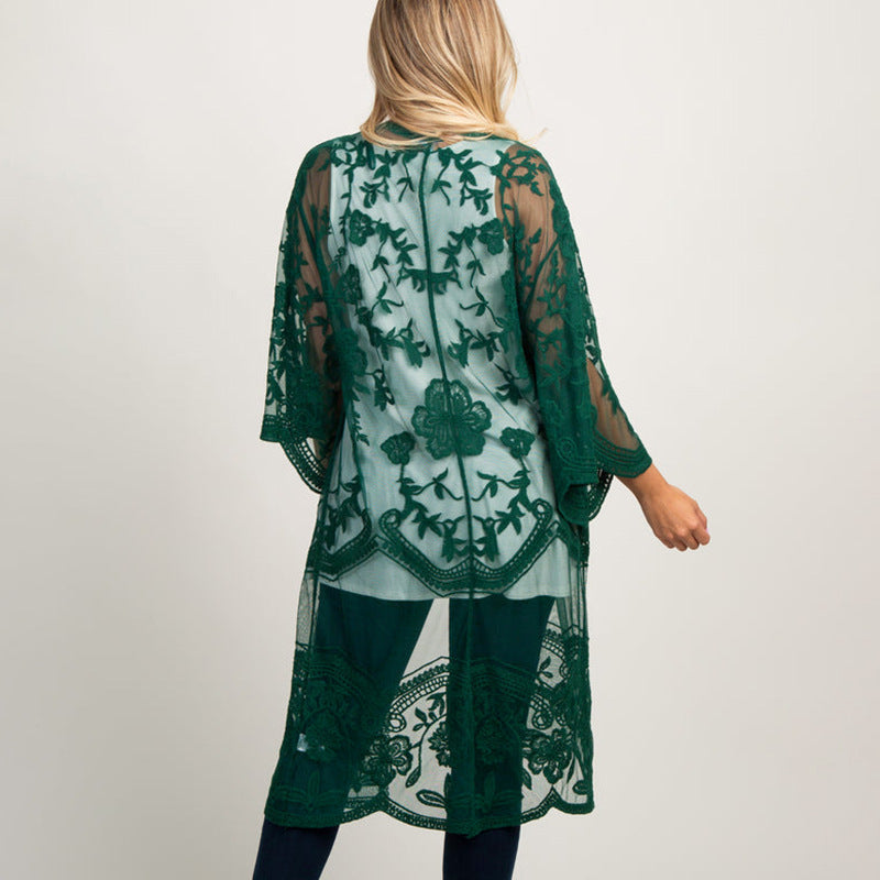 Sexy Grape Silk Embroidered Seaside Vacation Sun Protection Clothing Beach Jacket Bikini Swimsuit Outwear Cardigan for Women