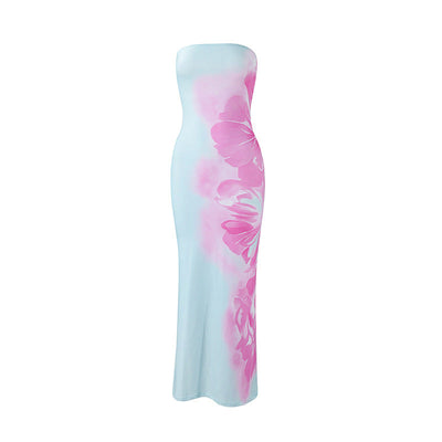 Women Clothing Summer Sexy Bandeau Slim Fit Printing Color Contrast Backless Sheath Dress