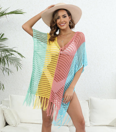 Women Beach Vacation Beach Cover Up Women Clothing Contrast Color Hollow Out Cutout Woven Shirt Sexy Dress