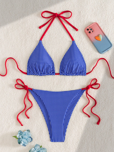 Bikini Plaid Colorblock Triangle Cup Lace up Sexy Split Bikini Swimsuit for Women