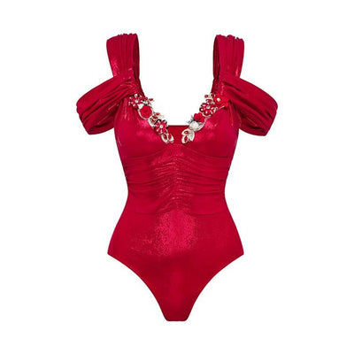 V Neck Solid Color Luminous Fabric One Piece Swimsuit Women