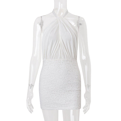 Women Clothing Summer Sexy Backless Cross Halterneck Lace up Sexy Slim Sheath Dress
