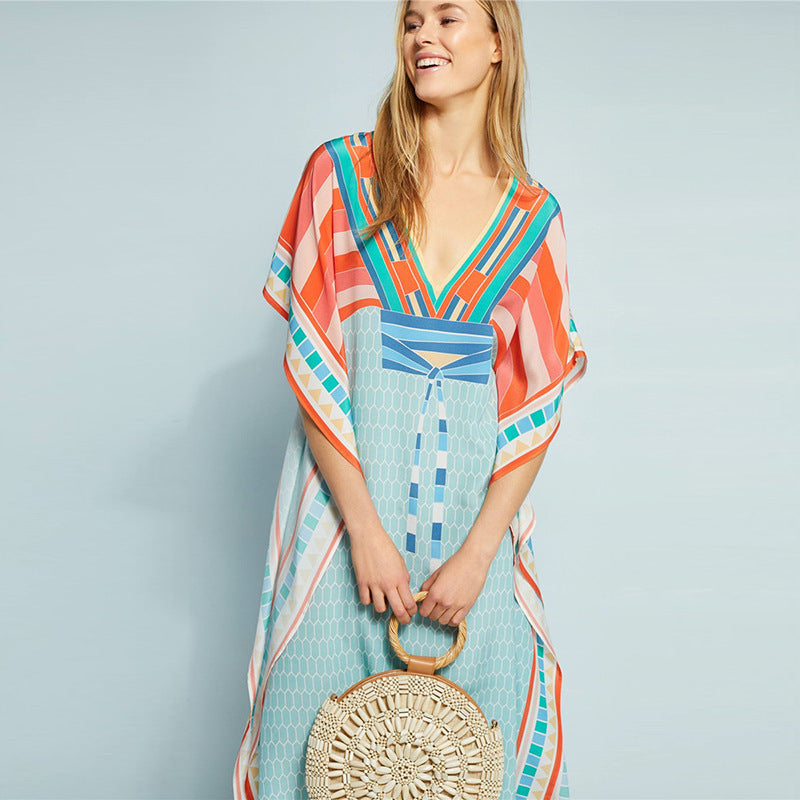 Chiffon Front Back V-neck Positioning Printed Beach Dress Loose Plus Size Vacation Blouse Robe for Women