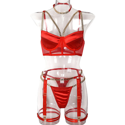 Women Clothing Thick Chain Heavy Industry Metal Stitching Four Piece Set Sexy Underwear