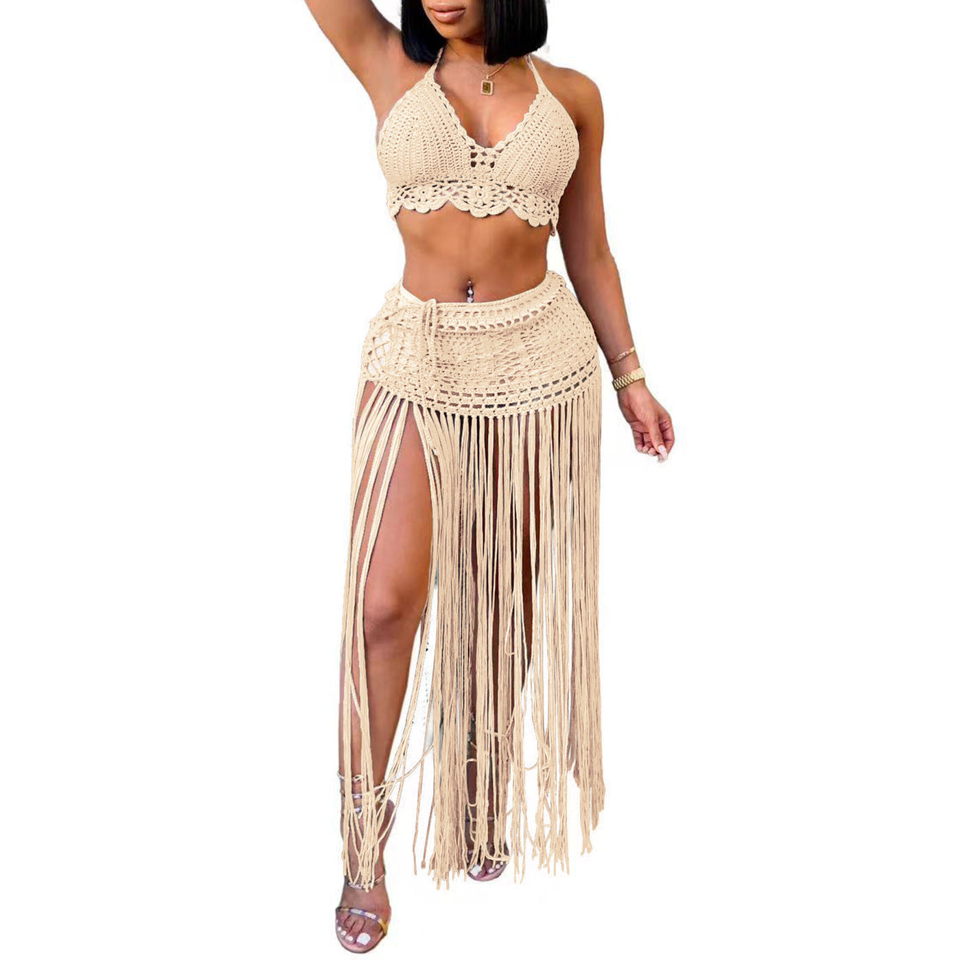 Women Suit Women Clothing Pure Hand Crocheting Beach Bikini Top Lengthened Tassel Skirt Two Piece Set