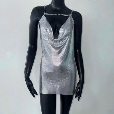 Women Clothing Sequin Sling Dress Cocktail Party Dress Metal Suspender Dress