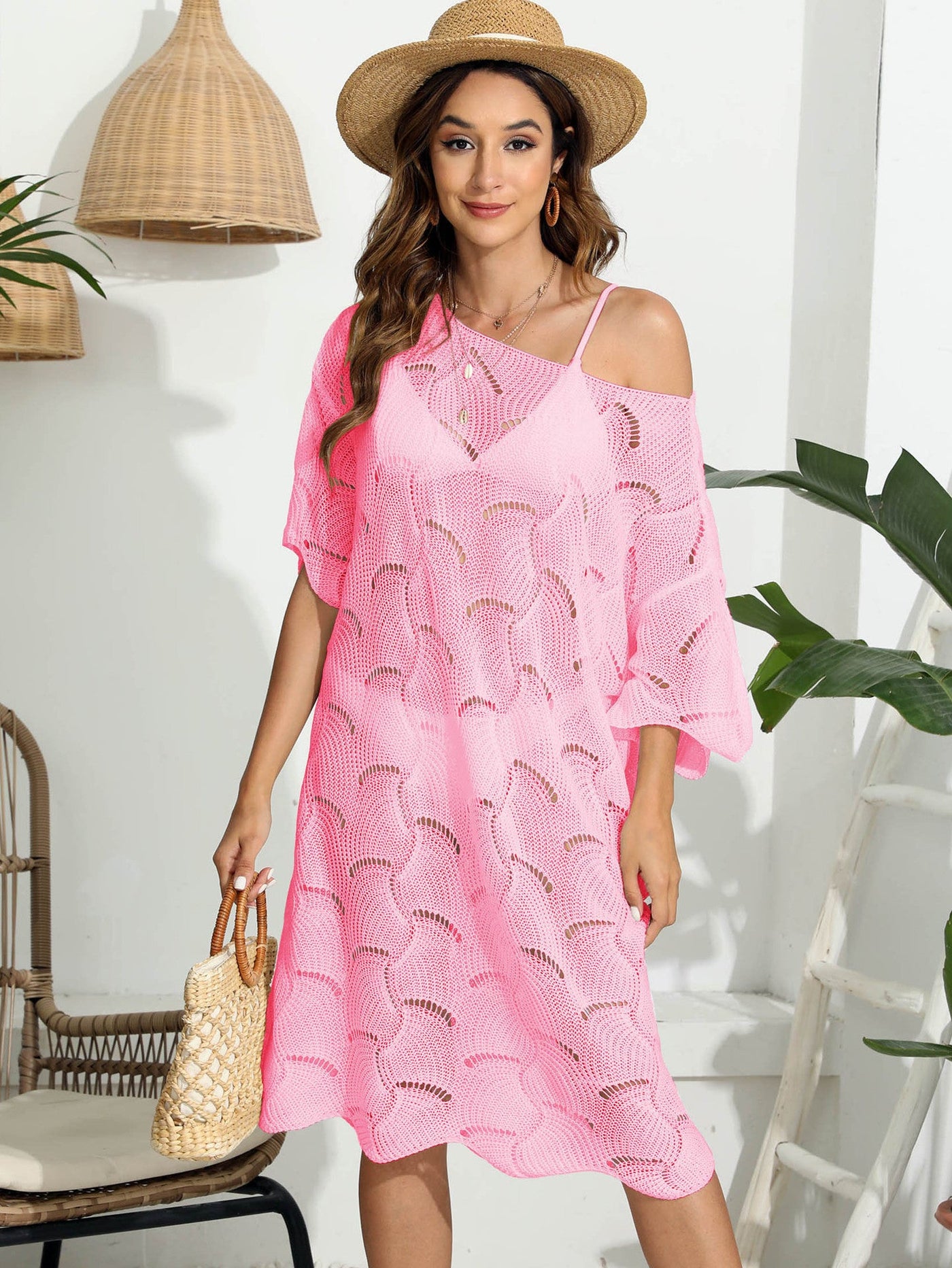 Women Dress Women Clothing Sexy Off Neck Hollow Out Cutout Out Woven Dress Beach Beach Cover Up