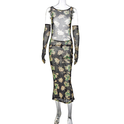 Women Clothing Autumn Elegant Sexy Socialite Mesh Hollow Out Cutout Printed Opera Glove Dress for Women
