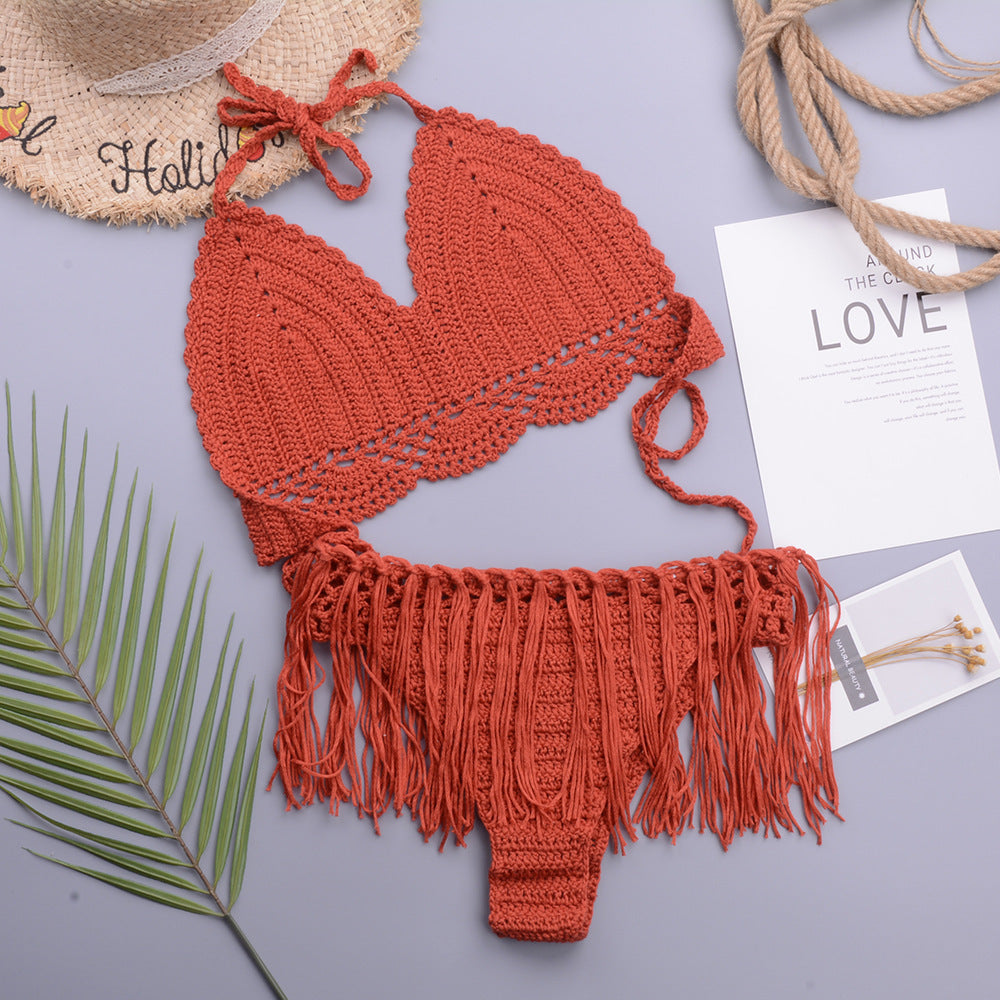 Vacation Sexy Characteristic Handmade Crochet Tassel Hollow Out Cutout out Strap Bikini Women Set