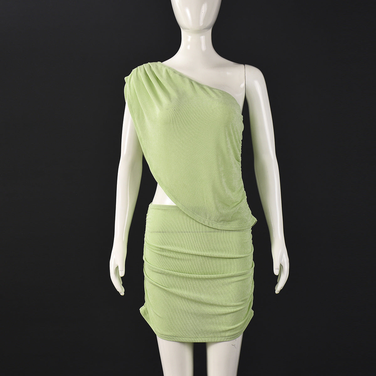 Women Clothing Hollow Out Cutout out Cropped One-Shoulder Diagonal Collar Top Pleated Stretch Short Skirt Two Piece Sets