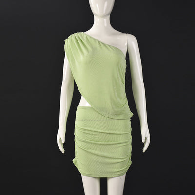 Women Clothing Hollow Out Cutout out Cropped One-Shoulder Diagonal Collar Top Pleated Stretch Short Skirt Two Piece Sets