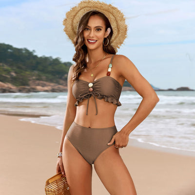 Beads Tether Split Swimsuit Women Three Piece Sets Bikini