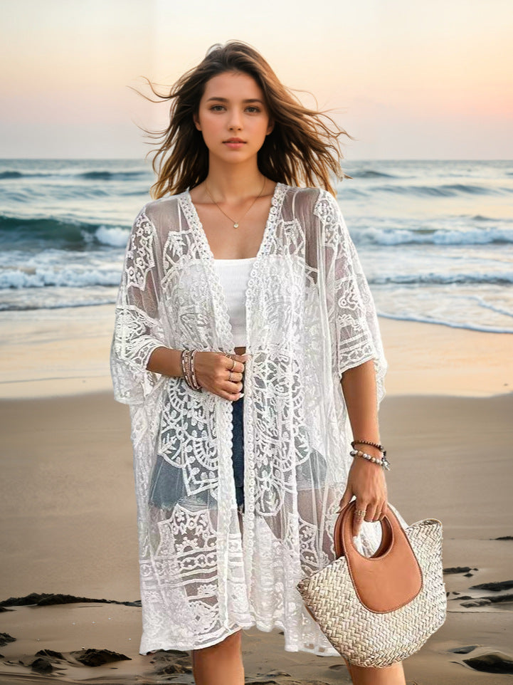 Women's Clothing Sexy See through Water Soluble Lace Embroidered Cardigan Beach Bikini Sun Protective Blouse