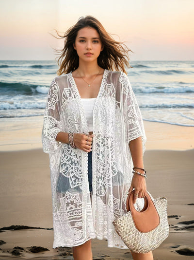 Women's Clothing Sexy See through Water Soluble Lace Embroidered Cardigan Beach Bikini Sun Protective Blouse
