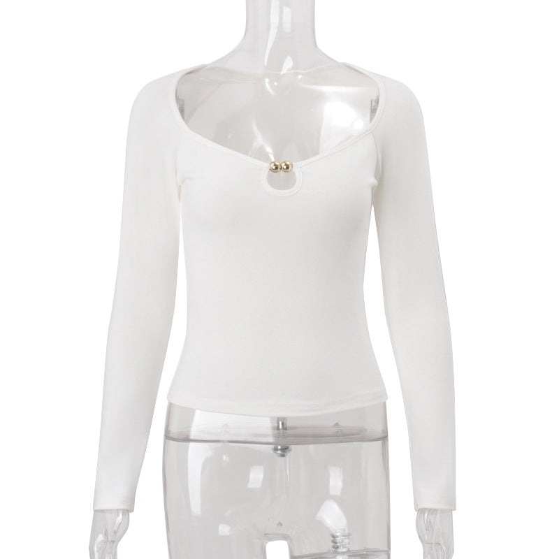 Women Clothing Autumn Elegant Street Sexy Beaded Slim Fit Long Sleeved Knitted Top for Women