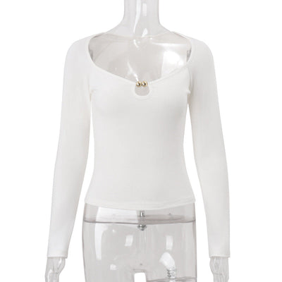 Women Clothing Autumn Elegant Street Sexy Beaded Slim Fit Long Sleeved Knitted Top for Women