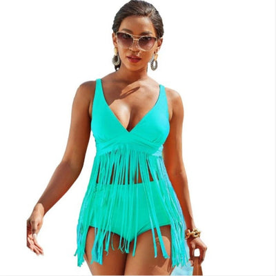 Women Seperated Swimwear Solid Color Tassel Sexy Bikini Swimsuit Bikini