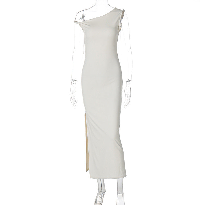 Women Clothing Summer Sexy Oblique Shoulder Slim Fit Slit Dress Women