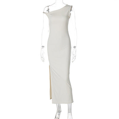 Women Clothing Summer Sexy Oblique Shoulder Slim Fit Slit Dress Women