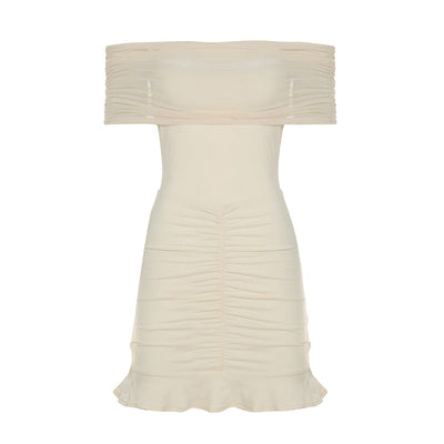 Women Clothing Ruffle Hip Ruffled Mesh Outerwear Strapless Dress Slim Dress