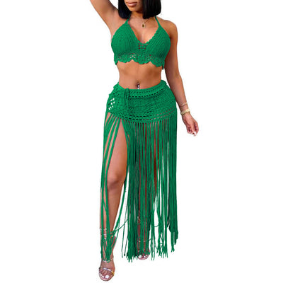 Women Suit Women Clothing Pure Hand Crocheting Beach Bikini Top Lengthened Tassel Skirt Two Piece Set