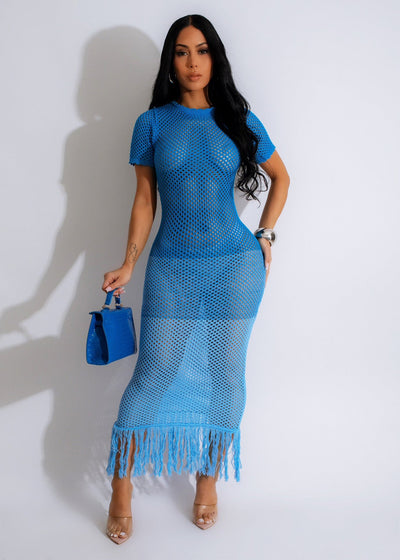 Women Clothing Sexy Knitted Tassel Beach Dress Summer Short Sleeve Dress