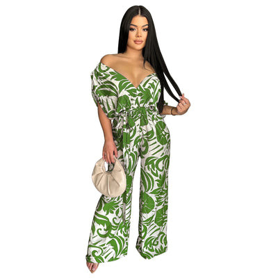 Women Clothing off the Shoulder Batwing Sleeve Wide Leg Printed Jumpsuit