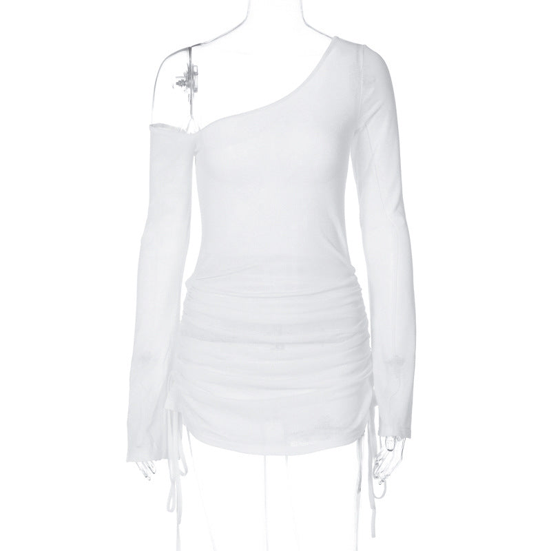 Women Clothing Autumn Pure Sexy Shoulder Long Sleeve Sexy See through Pleating Dress