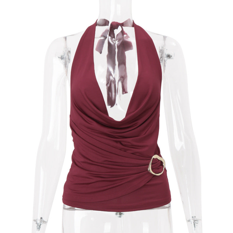 Women Wear Summer Sexy V neck Solid Color Halter Backless Slim Fit Vest Top
