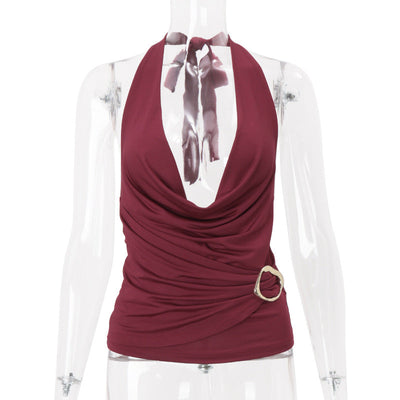 Women Wear Summer Sexy V neck Solid Color Halter Backless Slim Fit Vest Top