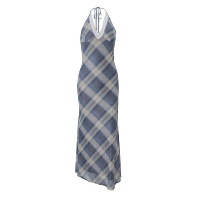 Women Clothing Summer Sexy V neck Lace Plaid Sweet Retro Slim Fit Dress Women
