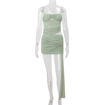 Women Clothing Summer Sexy Pleated Strap Faux Two Piece Suspender Sheath Dress