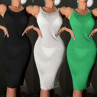 Women Clothing Mid-Length Sexy Crocheted Hollow Out Cutout U Collar Strap Dress Knitted Beach Dress Crochet hook